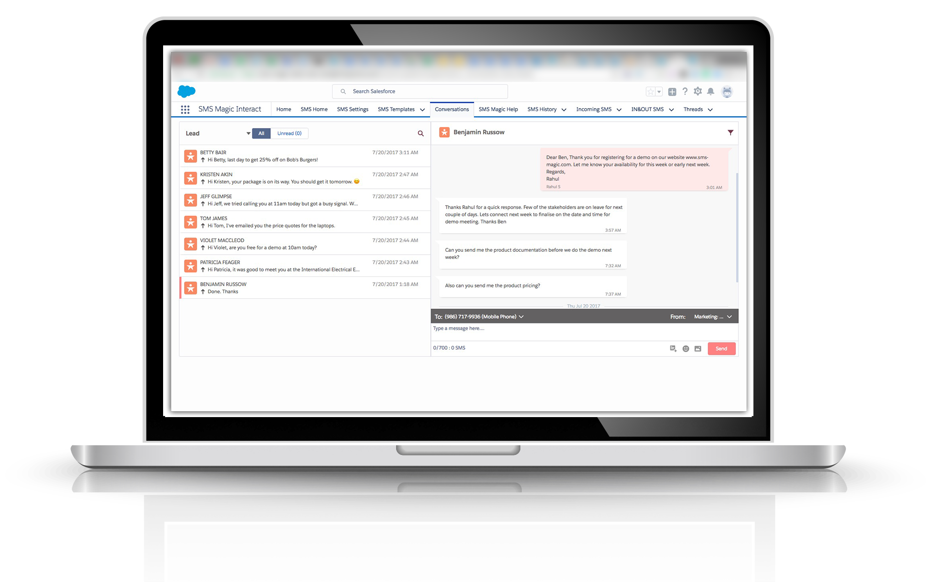 360 conversational history of sms messages